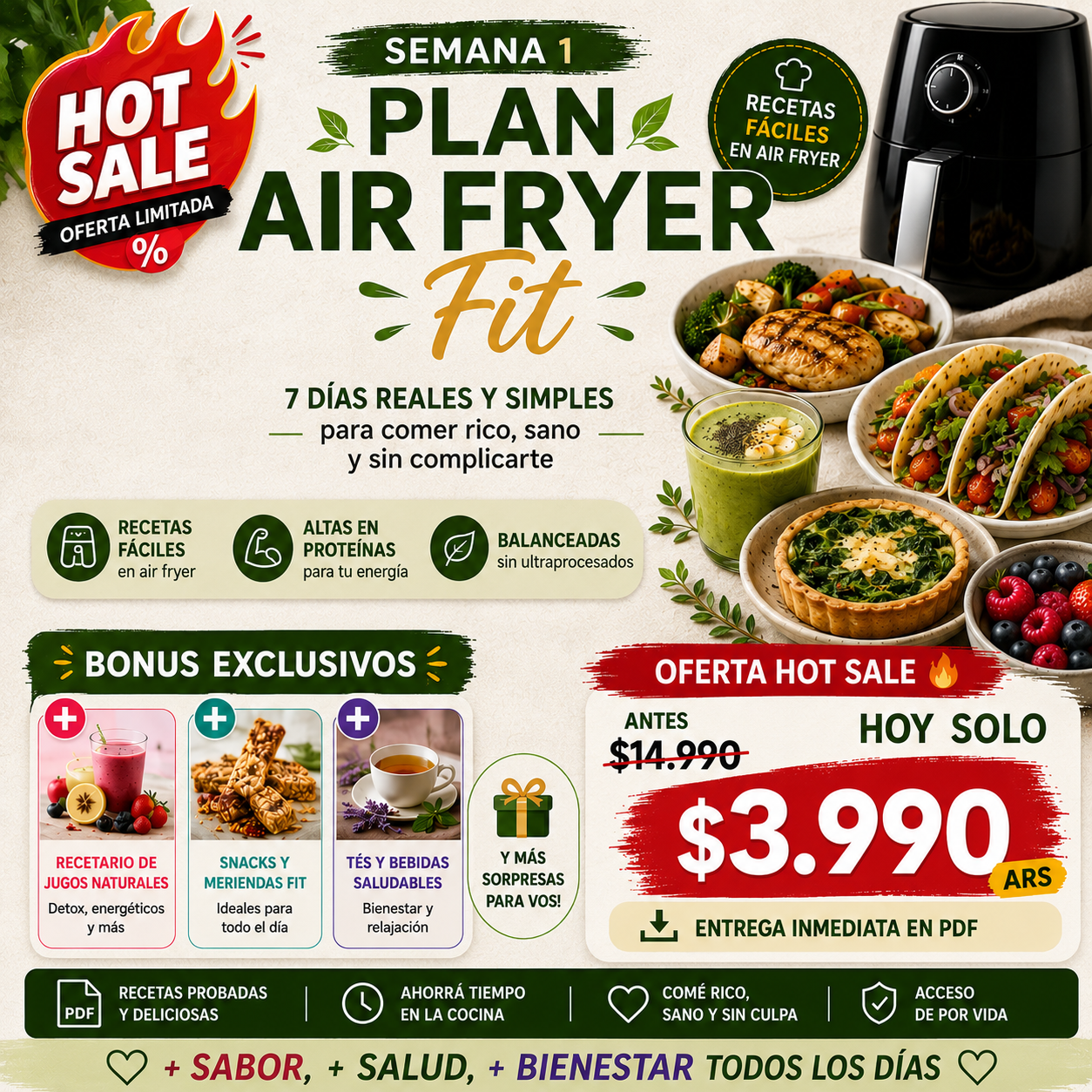 Plan Air Fryer Fit: Desinflamate en 7 días (Recetas + Bonus)